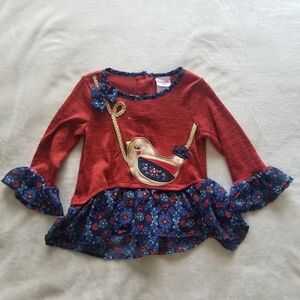 Nannette Red and Navy Girls Top with Bird Accent